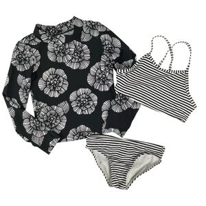Carters Girls 3 Piece Black & White Floral Stripe Rash Guard Swimsuit Set Size 7
